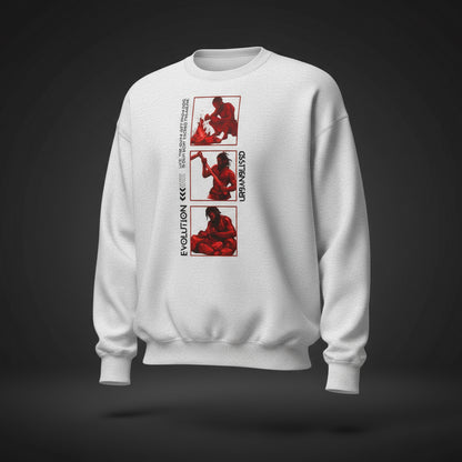 White sweatshirt with red graphic design on a white background
