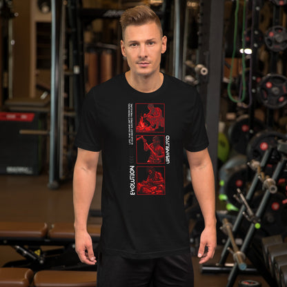 Man wearing a black t-shirt with red graphics in a gym setting