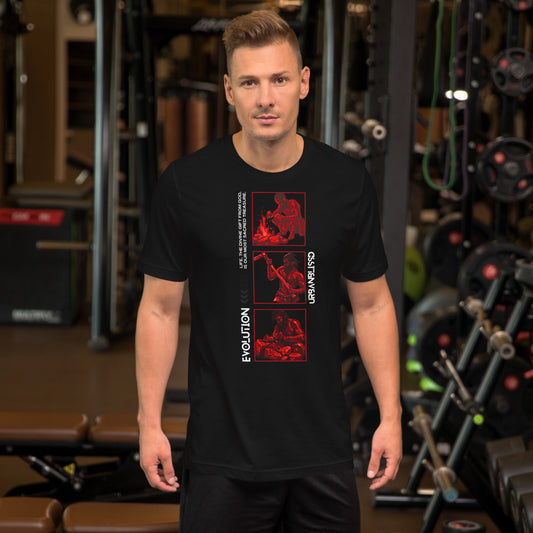 Man wearing a black t-shirt with red graphics in a gym setting